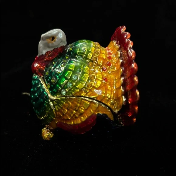 MultiColored Bejeweled Turkey Enamel Trinket Box with hinge. - Picture 3 of 4
